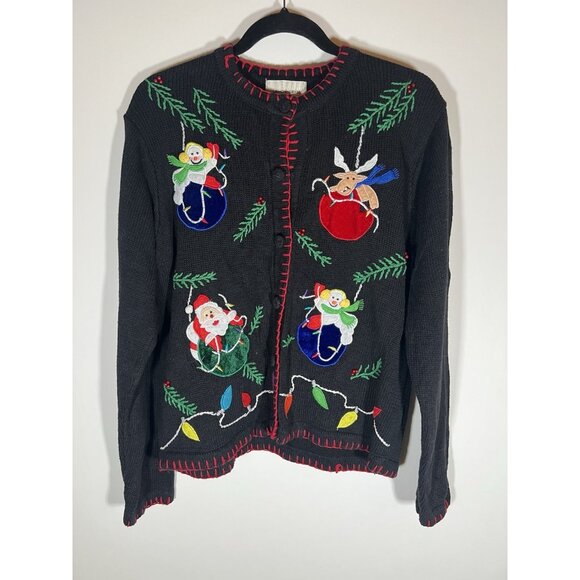 Vintage 80s Lemon Grass black embroidered embellished Christmas cardigan L - Picture 1 of 11